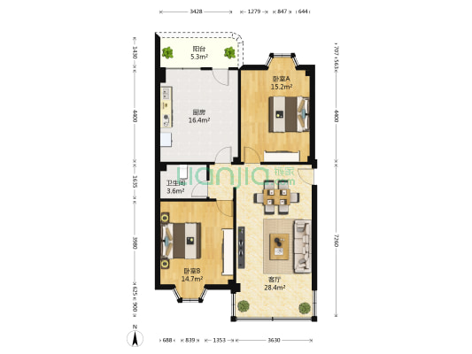 民生路 2室1厅1卫 100平方