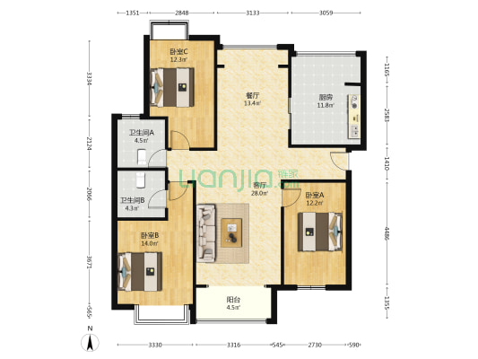 御景园 这样的户型只有72套 在售的只有两套-户型图