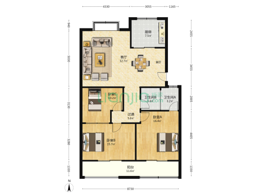 环湖西路308号 3室1厅2卫 123平方