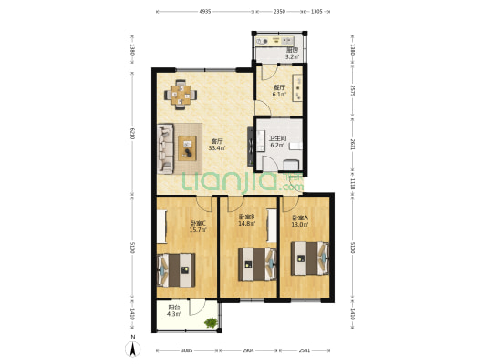 新华路恒源里 3室2厅1卫 113平方