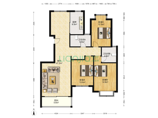 明日星城日锦园 3室1厅2卫 143平方