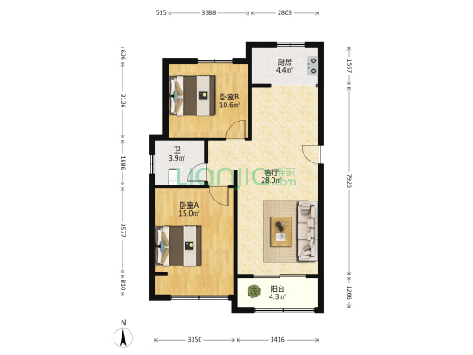 物华溪悦 2室1厅1卫 88平方