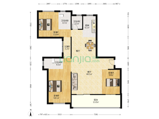 福泽公馆 3室1厅3卫 144平方