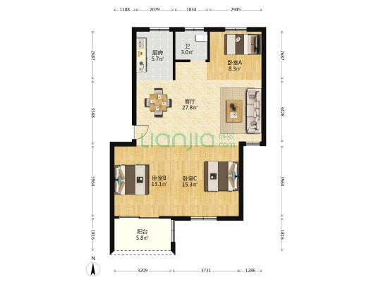 惠明新苑 3室1厅1卫 90平方