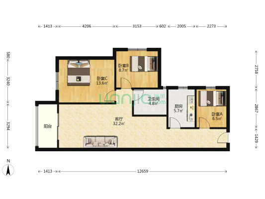 红光怡馨苑 3室1厅1卫 100平方