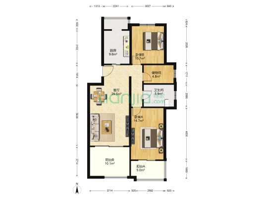 朝阳旺角 2室1厅1卫 107平方