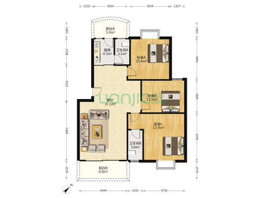 新龙一街 3室1厅2卫 118平方