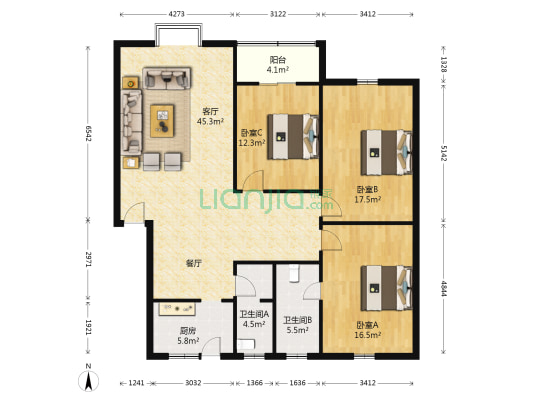 银杏春天D区 3室1厅2卫 139平方