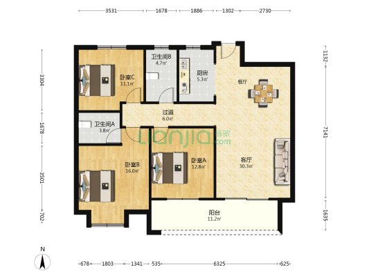 睢宁万园 3室1厅2卫 125平方