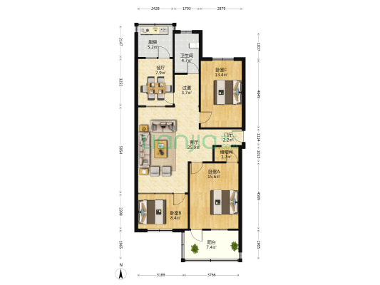 花园路14号 3室2厅1卫 110平方