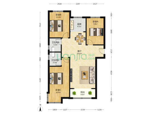 巨科合园 3室1厅2卫 120平方