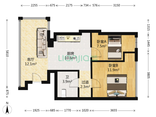 万达广场48克拉 2室1厅1卫 85平方