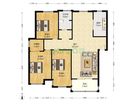 东田翠谷苑 3室1厅1卫 136平方