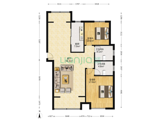 珠溪新苑 2室1厅2卫 119平方