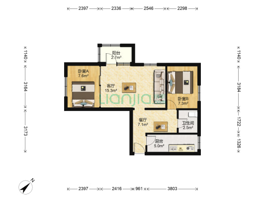 现代建材公司 2室2厅1卫 61平方