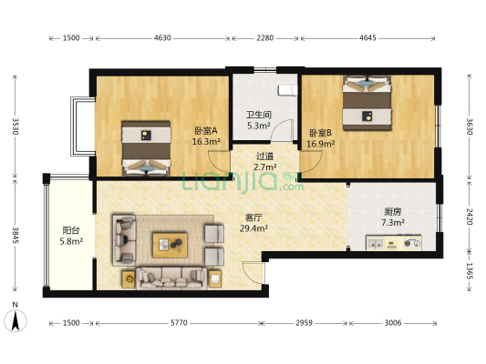 新福路9号院 2室1厅1卫 91平方