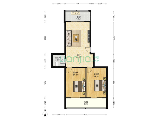 瑞丰小区 2室1厅1卫 88平方