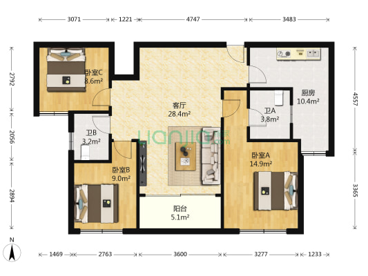 保利天府林语 3室1厅2卫 95平方