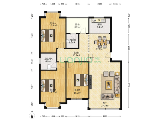 恒利花园 3室2厅2卫 131平方