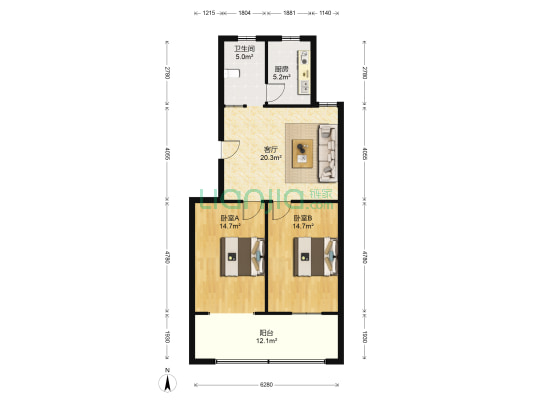 团结路4号 2室1厅1卫 87平方