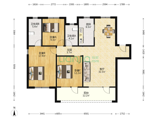 新城云樾晓院一期 3室1厅2卫 134平方