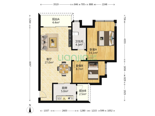 普君新城东苑 2室1厅1卫 80平方