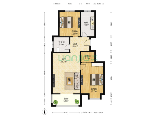 鸿禧花园 2室1厅1卫 103平方