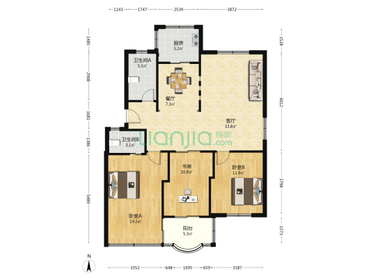 书香苑 3室2厅2卫 116平方