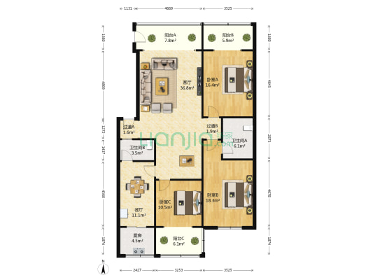 小天西街6号 3室2厅2卫 127平方