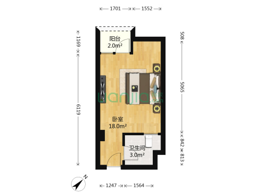 一江城花 1室0厅1卫 36平方