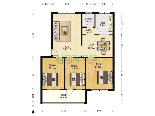 建筑公司家属院 3室2厅1卫 108平方