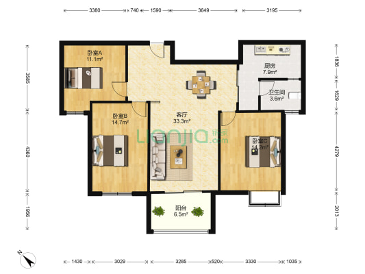 玫瑰湾 3室1厅1卫 114平方