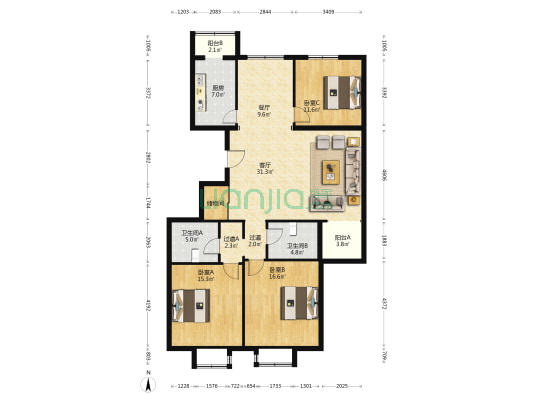 次渠南里九区 3室2厅2卫 155平方