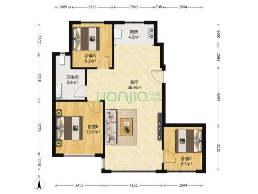 德泰柳岸新筑 3室1厅1卫 98平方