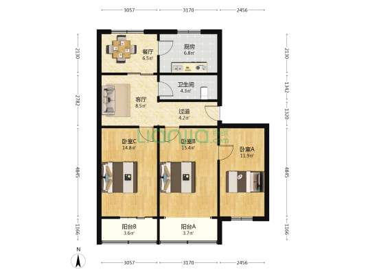 六谷庄6号院 3室2厅1卫 78平方