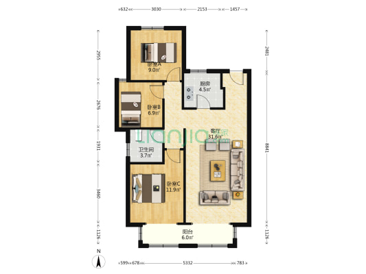 宝利新仕界 楼栋位置好 楼间距大 全天采光 视野开阔-户型图