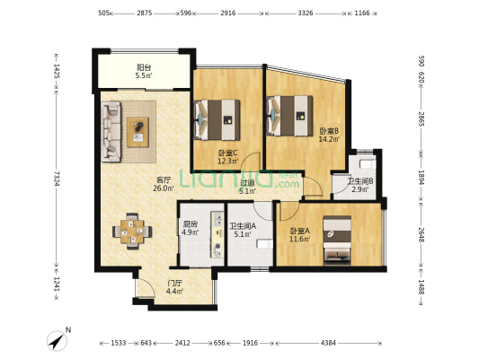金城国际 3室1厅2卫 124平方