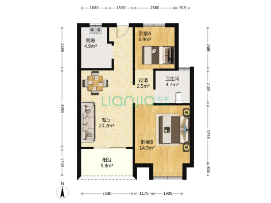 卿悦府东区 2室1厅1卫 75平方