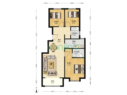 金地逸景 3室1厅2卫 114平方