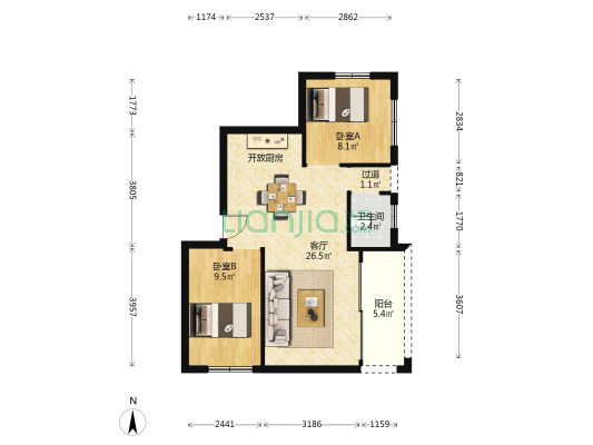 坦诚路 2室1厅1卫 63平方