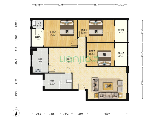 石油公司职工宿舍 3室1厅2卫 115平方