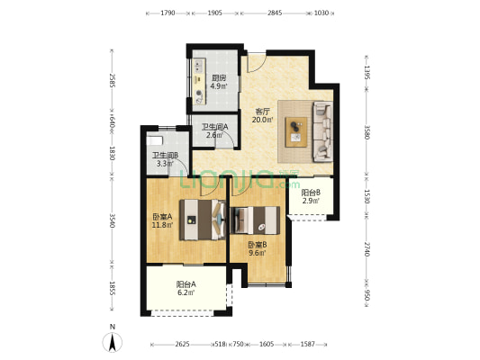 金泰时尚花苑 2室1厅2卫 77平方