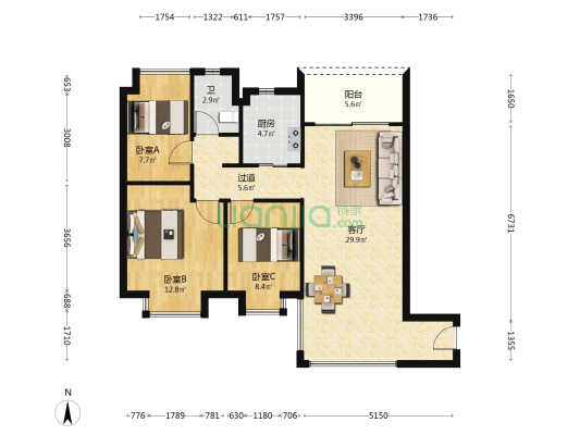 仲恺高新区优盘公寓 3室1厅1卫 95平方