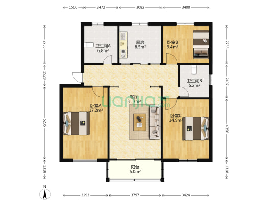 新大陆花园西区 3室1厅2卫 118平方