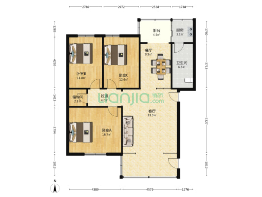 富兴花园 3室2厅1卫 135平方