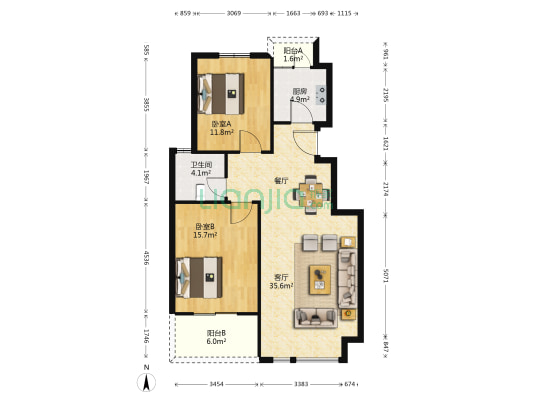 西城华府 2室1厅1卫 89平方