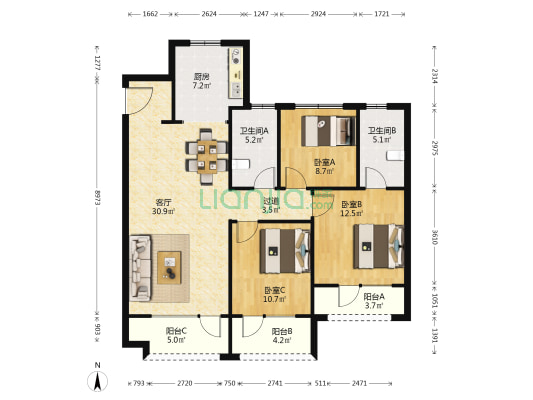 金地格林美景 3室1厅2卫 128平方