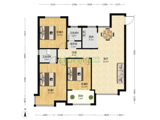 荣盛锦绣善园 3室1厅3卫 133平方