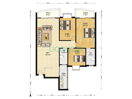 岭南名居 3室1厅2卫 130平方
