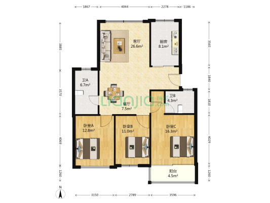 梅福园 3室2厅2卫 119平方